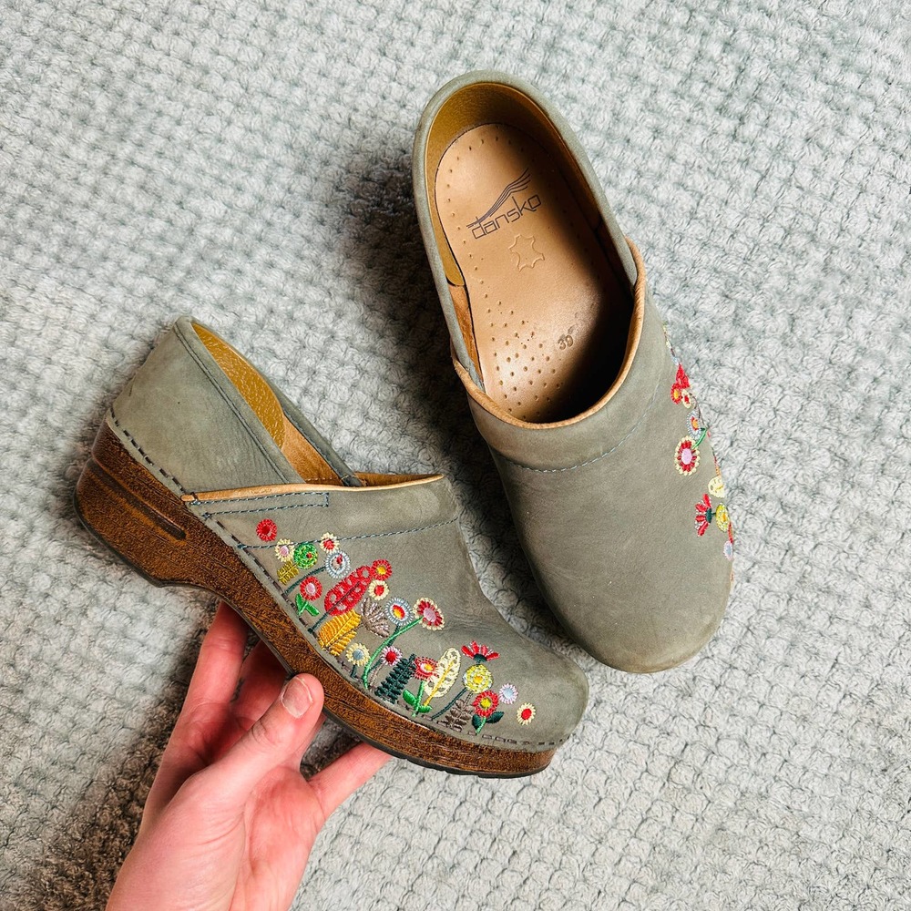 Dansko Gray/Green Embroidered Floral Leather Clogs